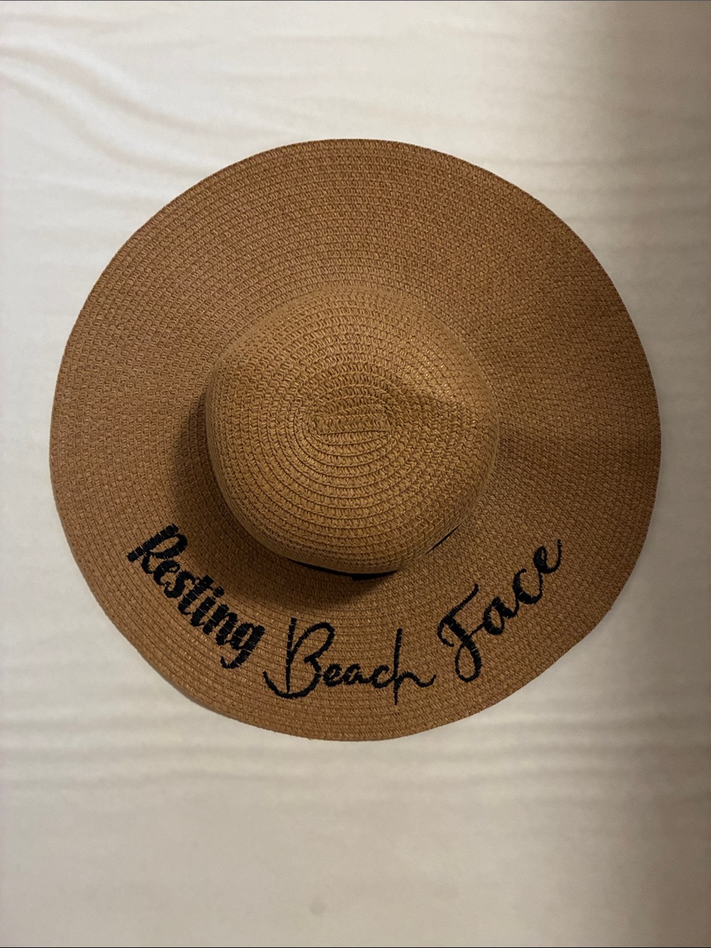 Wide Brim Straw beach Hat in Brown with 'Resting Beach Face' Script